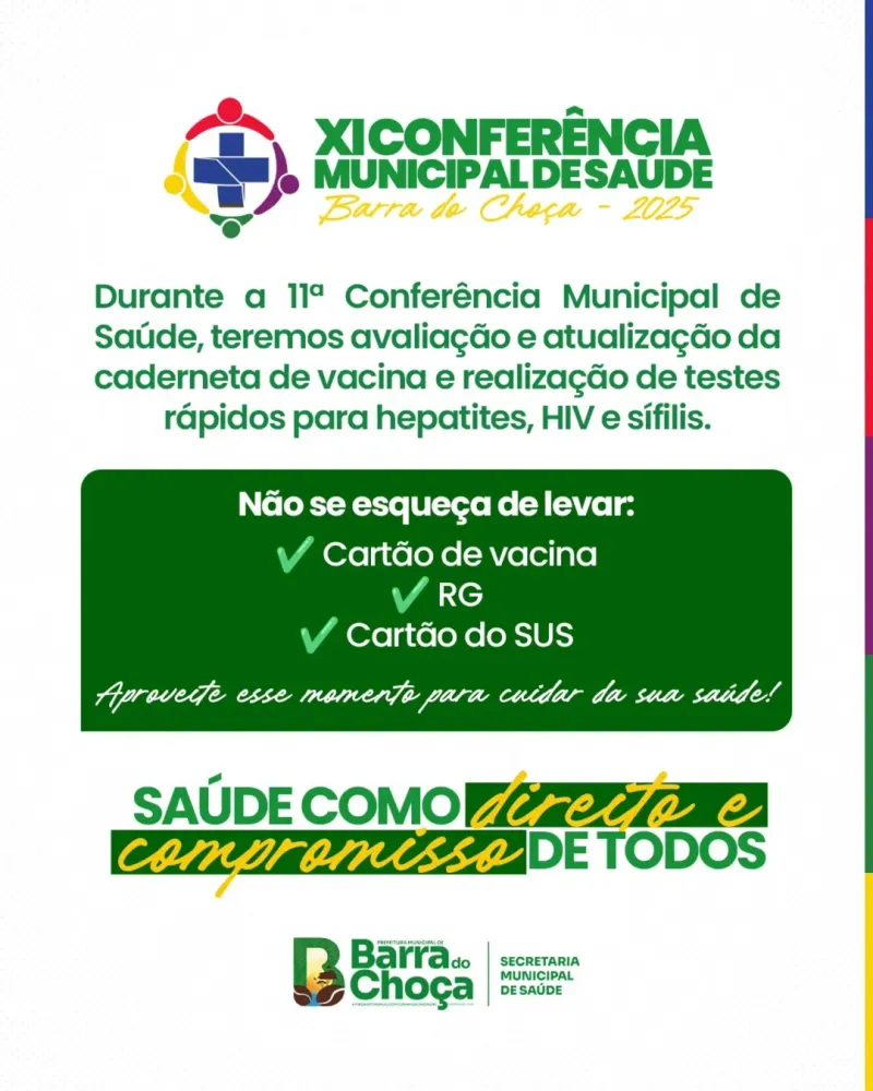 XI Conferência Municipal de Saúde contará com atualização de caderneta de vacinação e testes rápidos