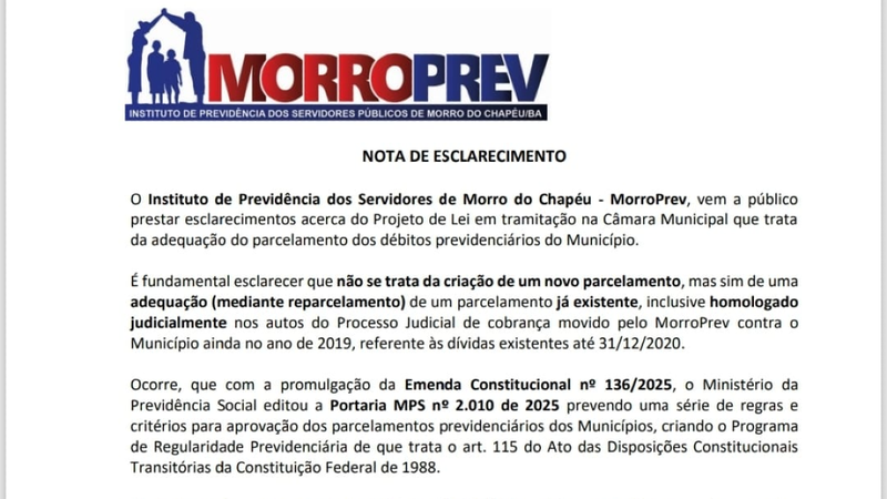 NOTA DE ESCLARECIMENTO SOBRE PARCELAMENTO